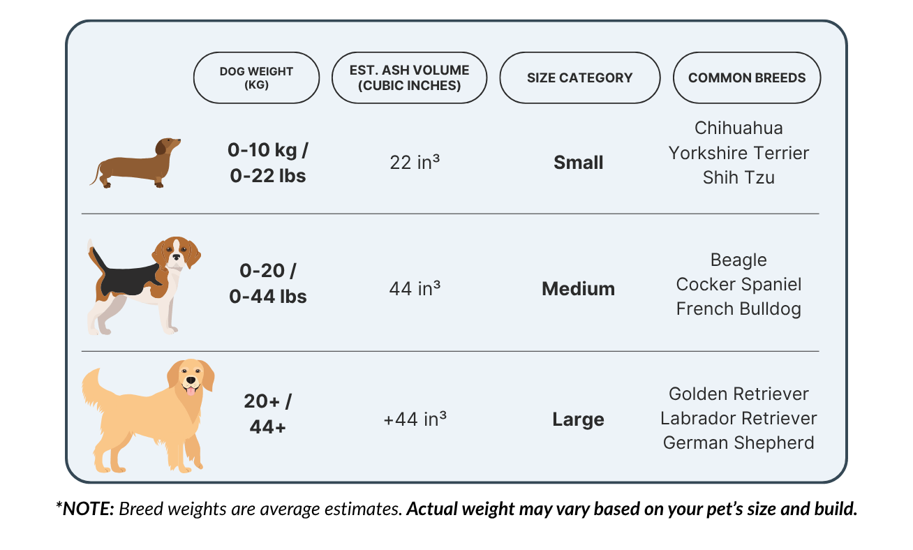Dog urn size chart showing small, medium, and large categories by weight, ash volume, and common dog breeds.